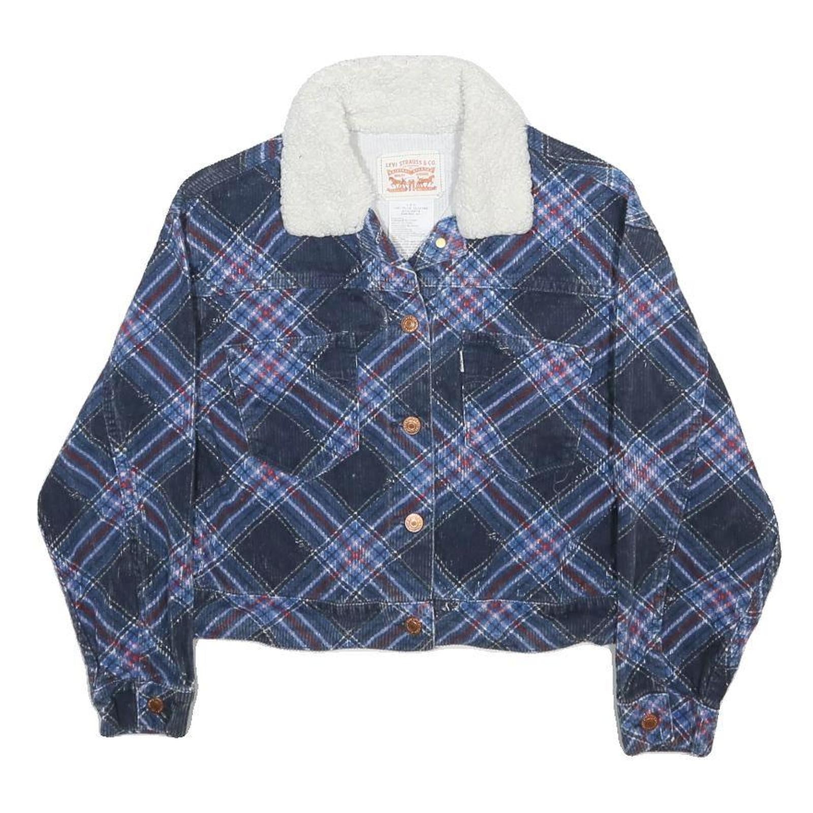 LEVI'S Girls Blue Plaid Sherpa Collar Jacket 12-13Y Cotton Button Closure