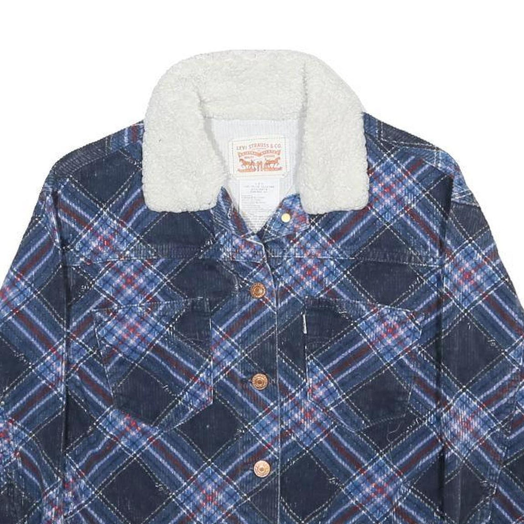 LEVI'S Girls Blue Plaid Sherpa Collar Jacket 12-13Y Cotton Button Closure