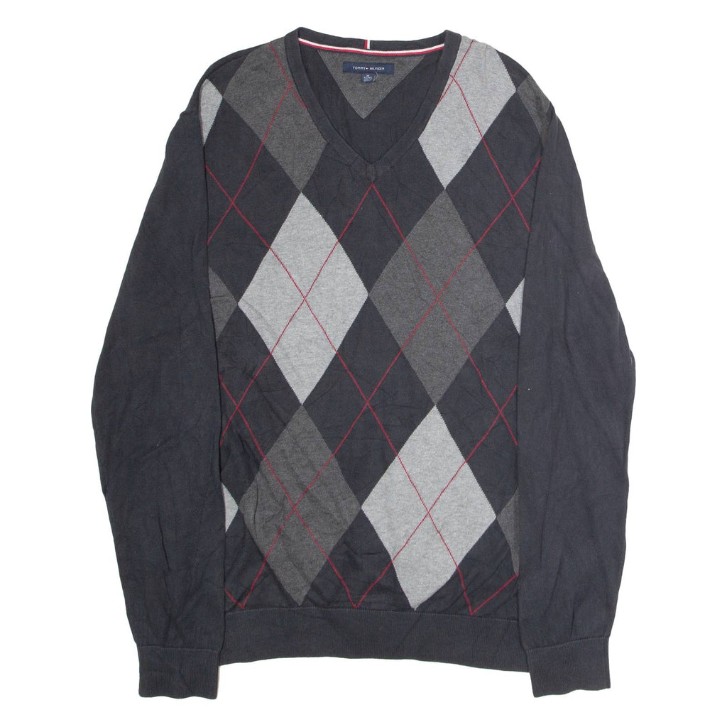 TOMMY HILFIGER Mens Patterned Jumper Black Argyle V-Neck Tight Knit XL