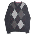 TOMMY HILFIGER Mens Patterned Jumper Black Argyle V-Neck Tight Knit XL