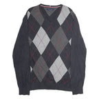 TOMMY HILFIGER Mens Patterned Jumper Black Argyle V-Neck Tight Knit XL