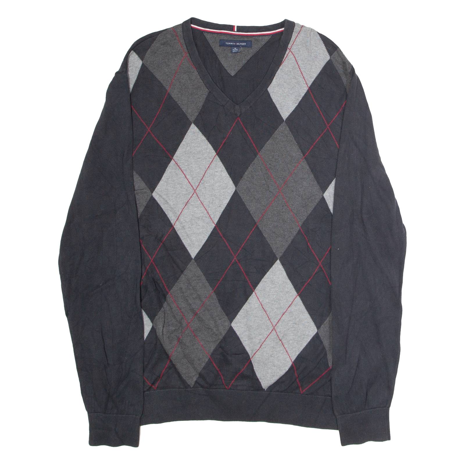 TOMMY HILFIGER Mens Patterned Jumper Black Argyle V-Neck Tight Knit XL