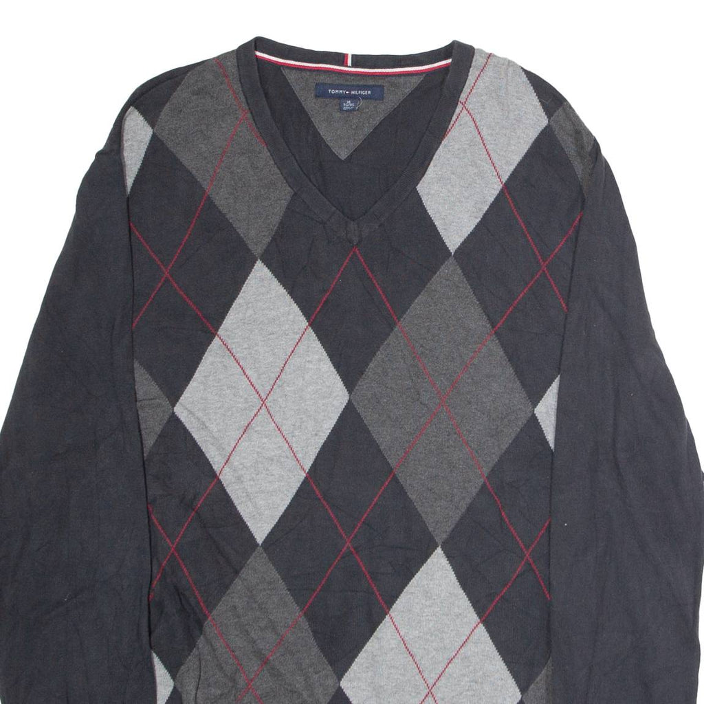 TOMMY HILFIGER Mens Patterned Jumper Black Argyle V-Neck Tight Knit XL