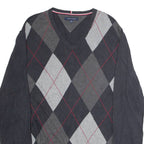 TOMMY HILFIGER Mens Patterned Jumper Black Argyle V-Neck Tight Knit XL