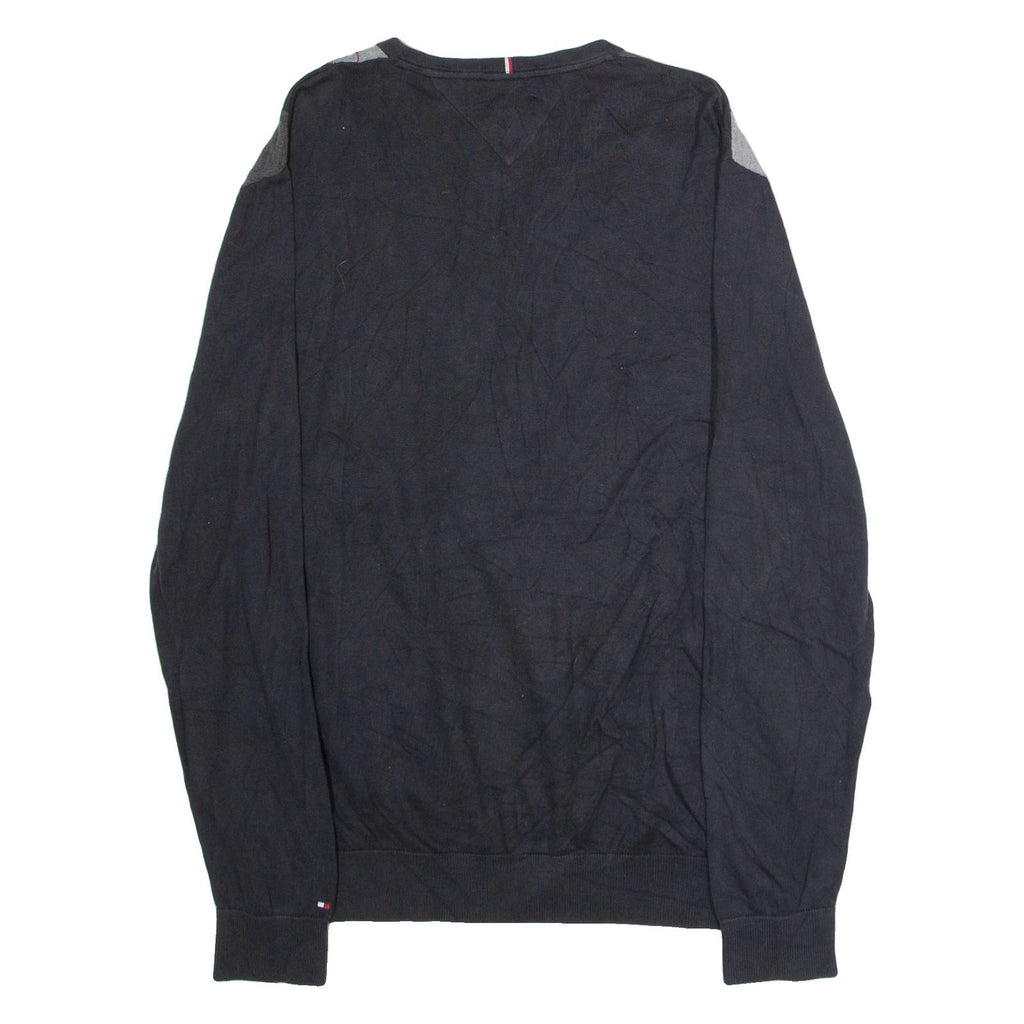 TOMMY HILFIGER Mens Patterned Jumper Black Argyle V-Neck Tight Knit XL