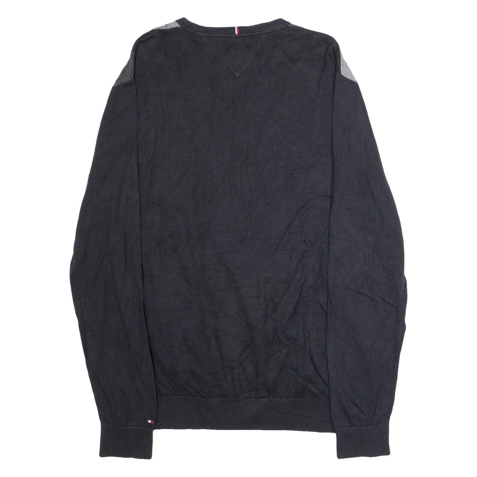 TOMMY HILFIGER Mens Patterned Jumper Black Argyle V-Neck Tight Knit XL
