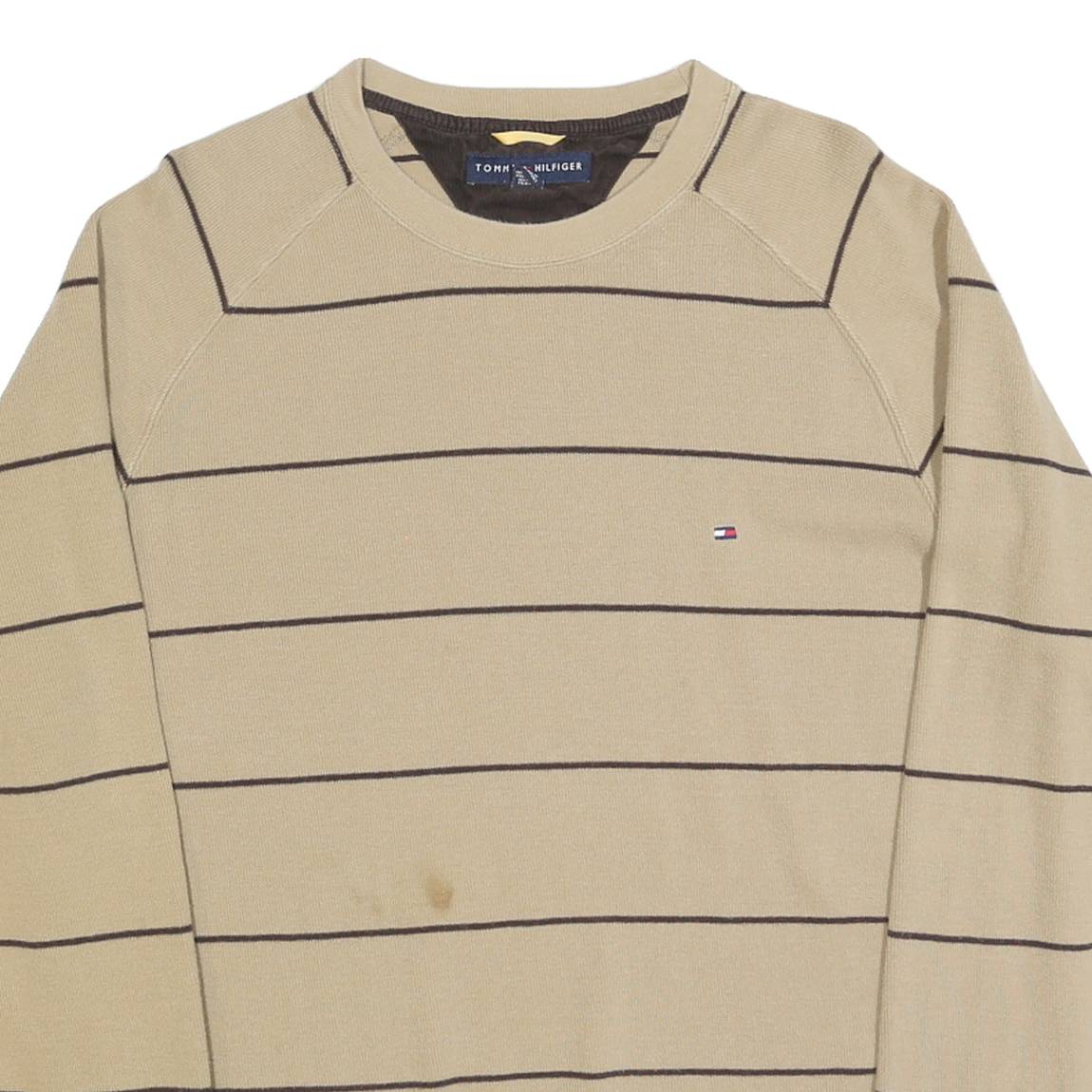 TOMMY HILFIGER Mens Beige Striped Pullover Plain Crew Neck Basic Knit XL Jumper