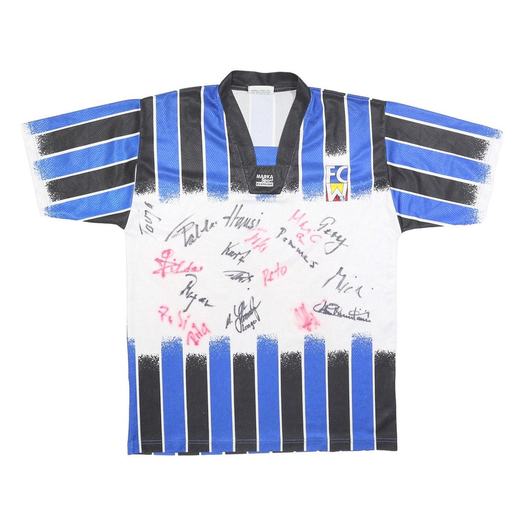 MARKA SPORT Mens Blue & Black Football Shirt L Short Sleeve V-Neck Zip Striped