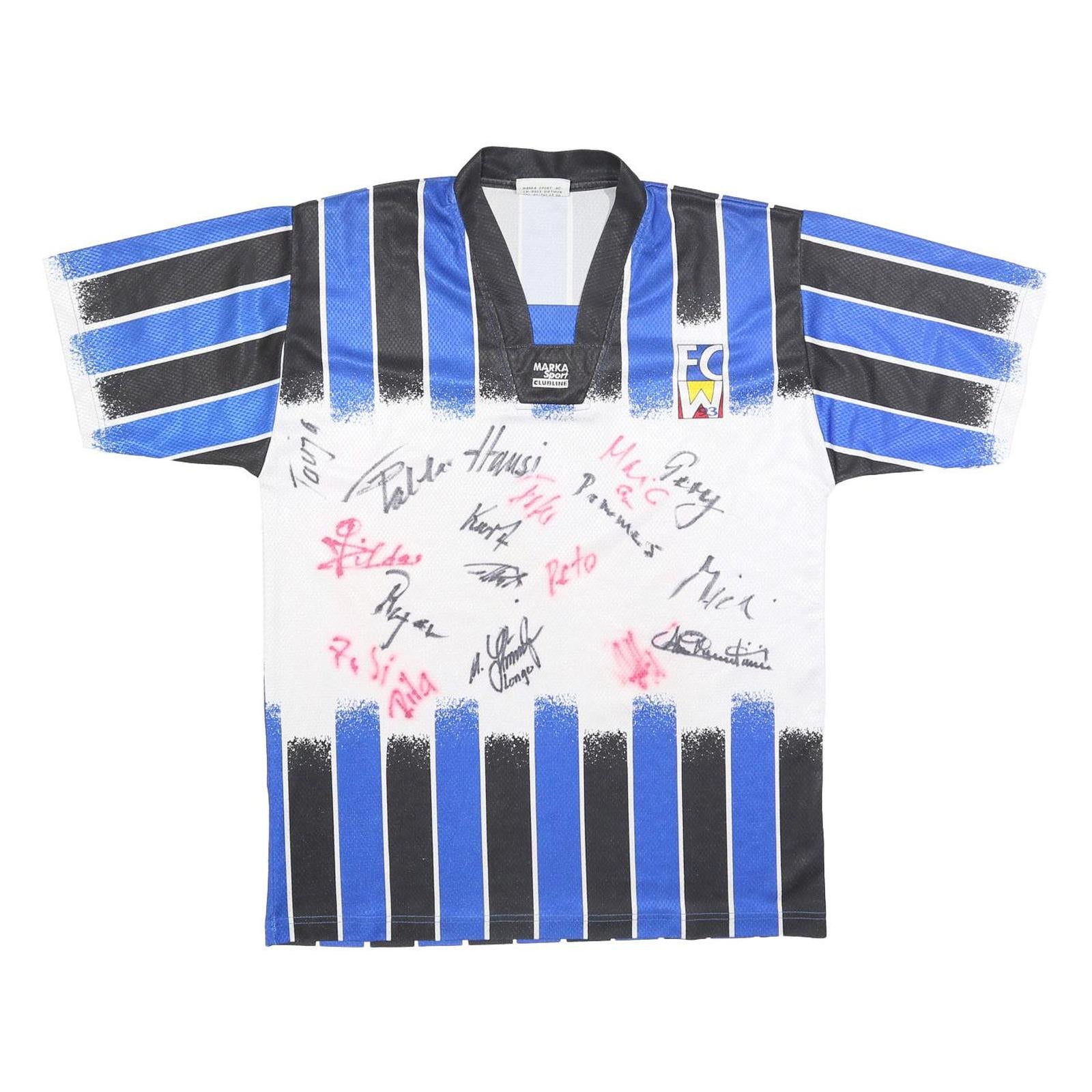 MARKA SPORT Mens Blue & Black Football Shirt L Short Sleeve V-Neck Zip Striped
