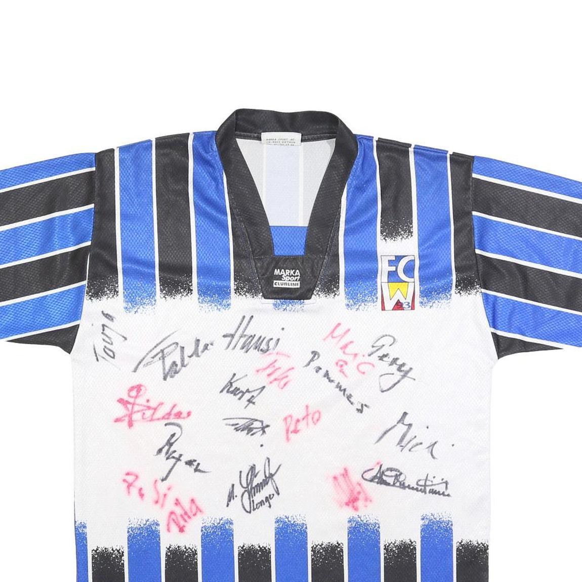 MARKA SPORT Mens Blue & Black Football Shirt L Short Sleeve V-Neck Zip Striped
