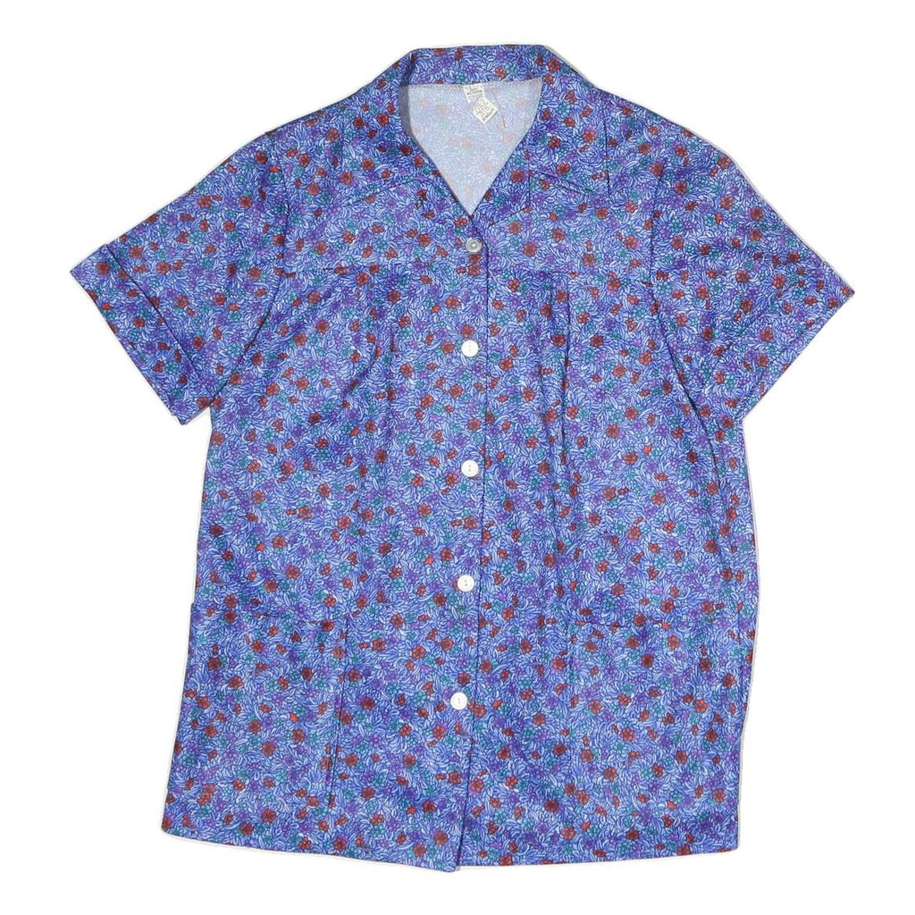 Womens Blue Floral Print Shirt Short Sleeve Collared M Polyester Casual