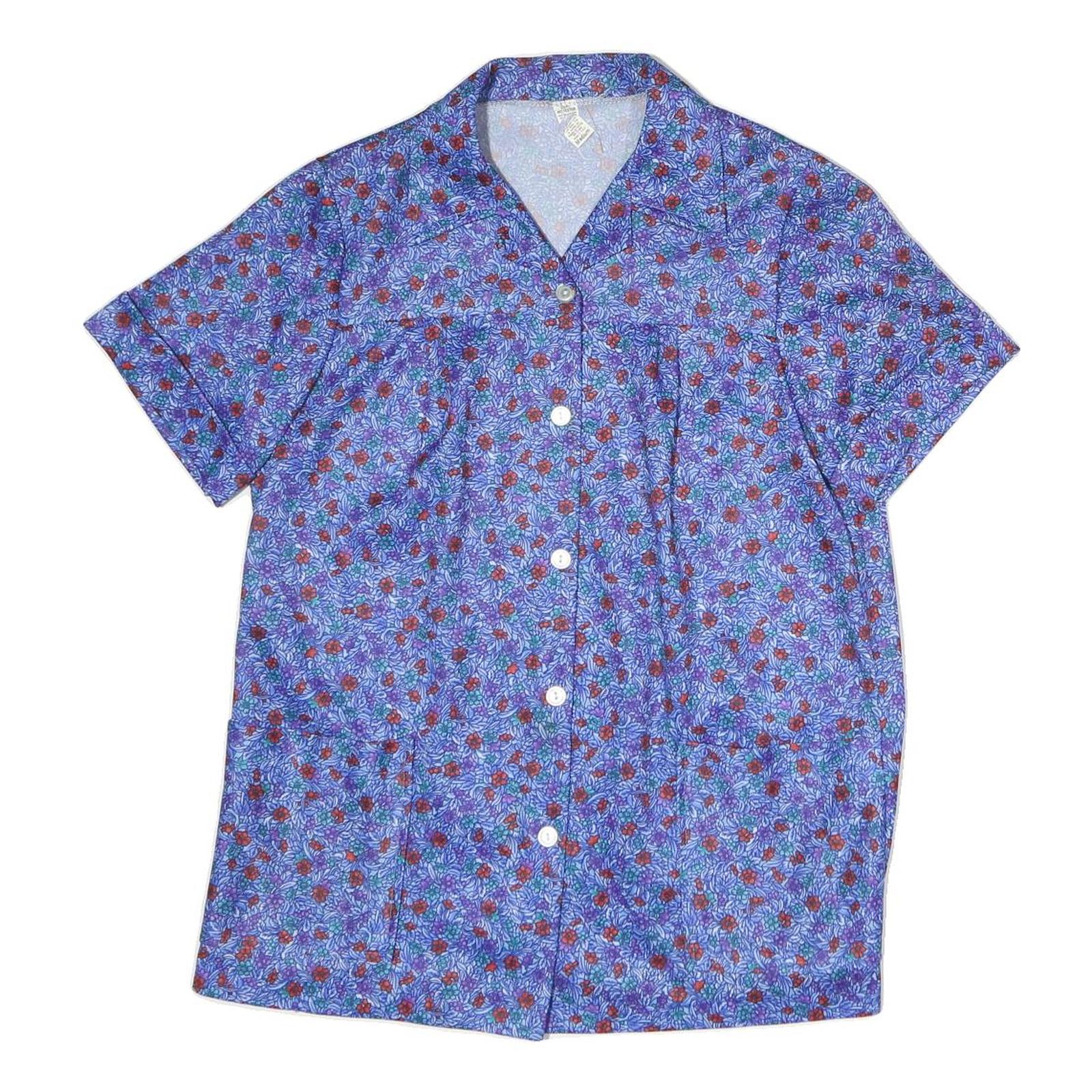 Womens Blue Floral Print Shirt Short Sleeve Collared M Polyester Casual