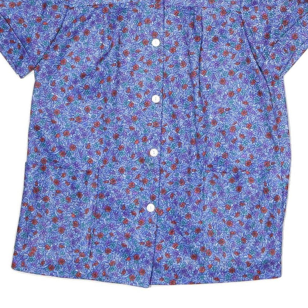 Womens Blue Floral Print Shirt Short Sleeve Collared M Polyester Casual