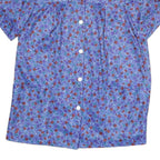 Womens Blue Floral Print Shirt Short Sleeve Collared M Polyester Casual