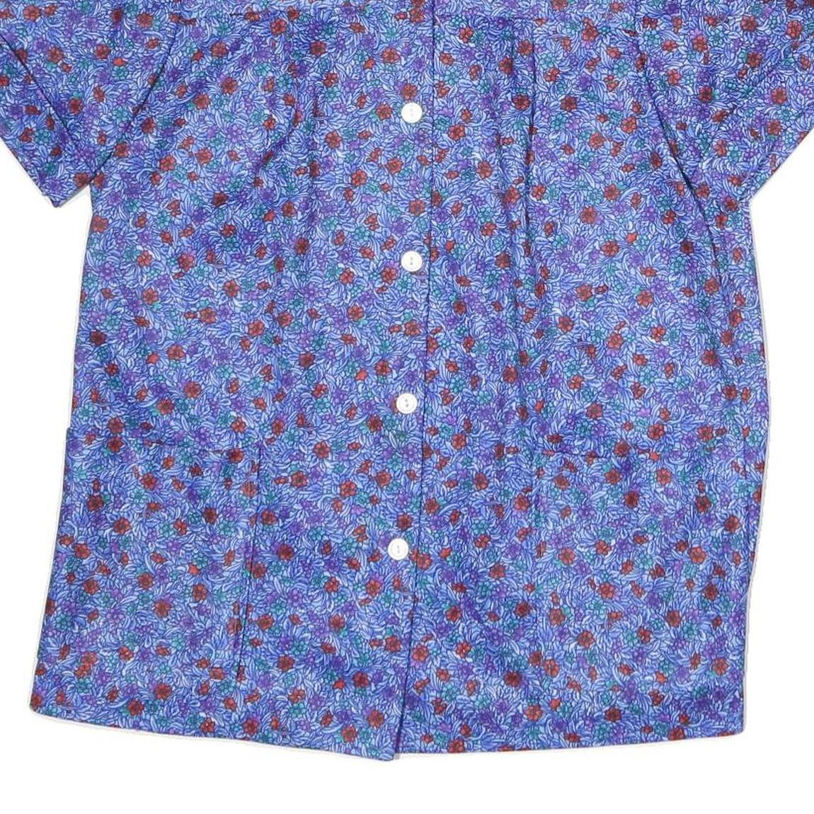 Womens Blue Floral Print Shirt Short Sleeve Collared M Polyester Casual