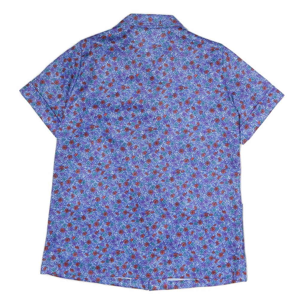 Womens Blue Floral Print Shirt Short Sleeve Collared M Polyester Casual