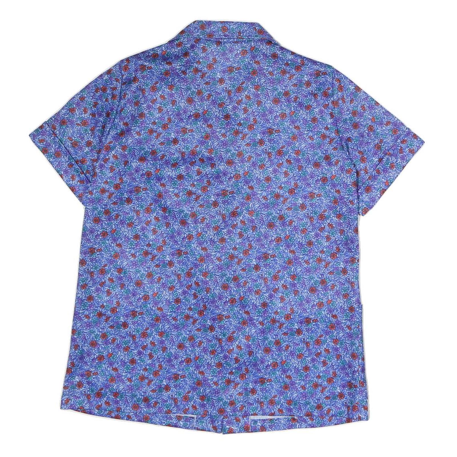 Womens Blue Floral Print Shirt Short Sleeve Collared M Polyester Casual