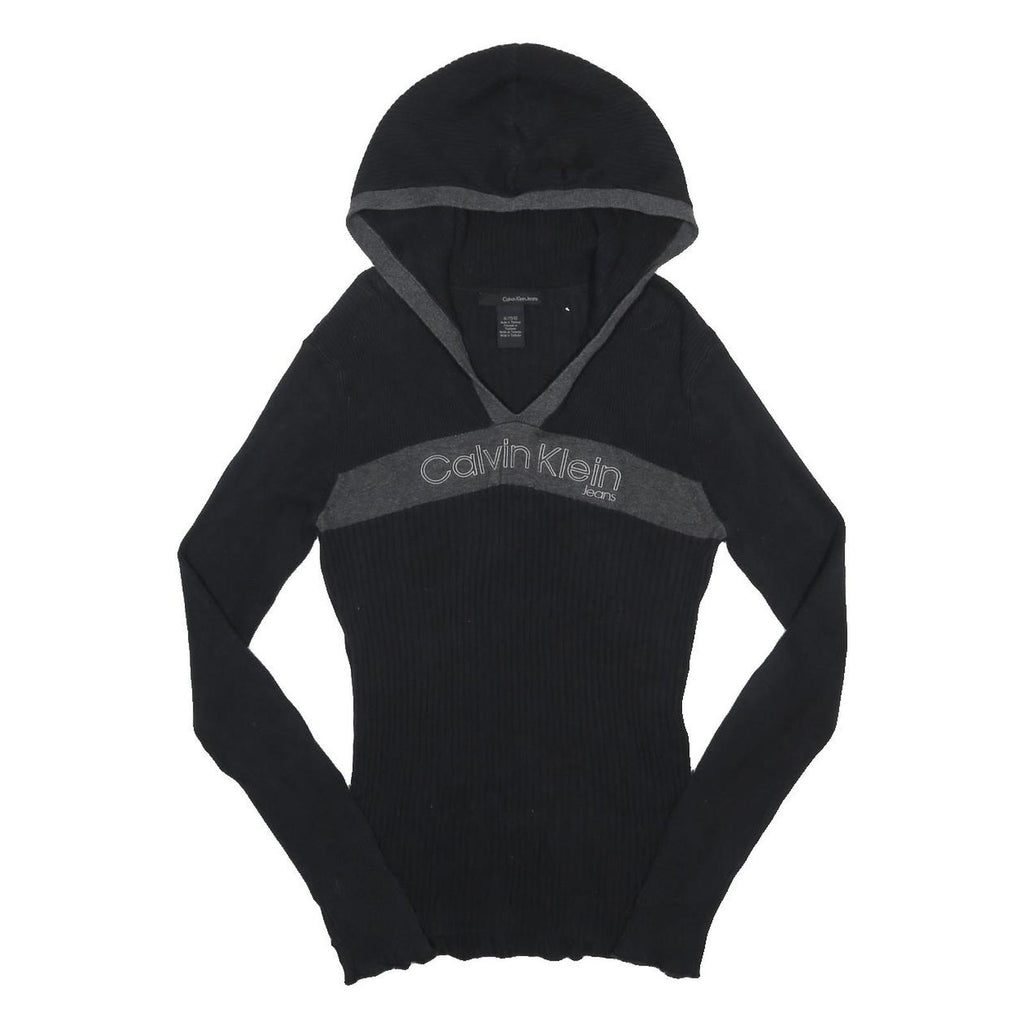 CALVIN KLEIN JEANS Womens Black & Grey Hooded Patterned Jumper V Neck Rib Knit