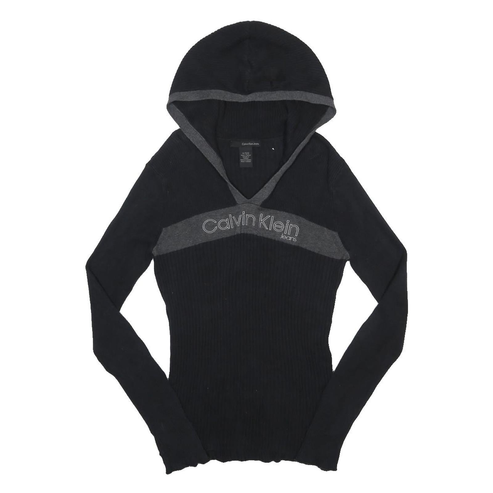 CALVIN KLEIN JEANS Womens Black & Grey Hooded Patterned Jumper V Neck Rib Knit