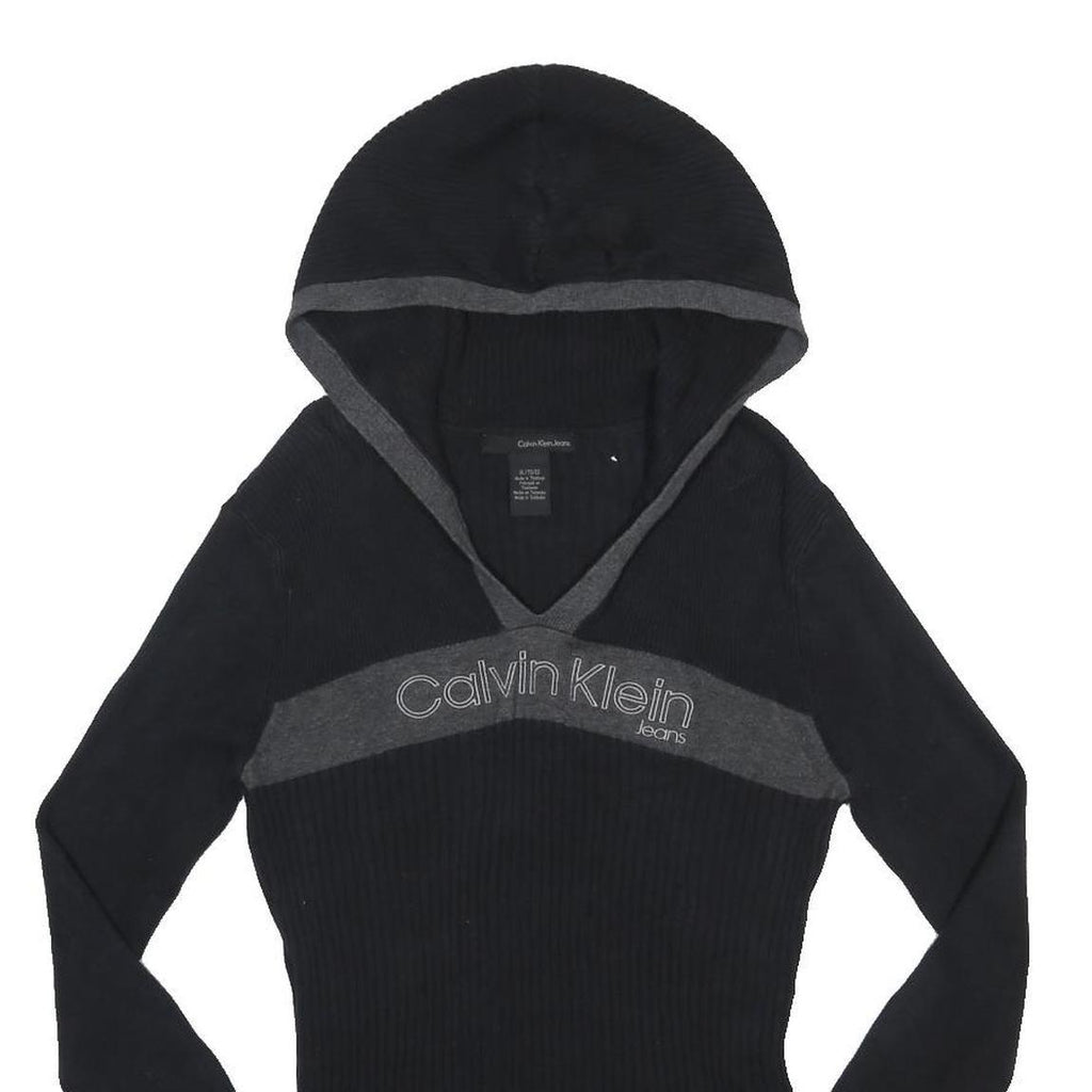 CALVIN KLEIN JEANS Womens Black & Grey Hooded Patterned Jumper V Neck Rib Knit