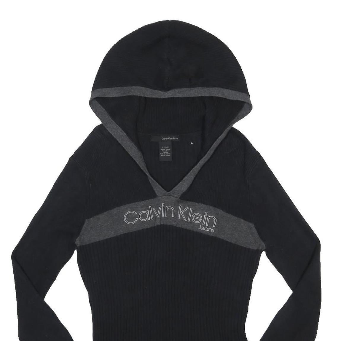 CALVIN KLEIN JEANS Womens Black & Grey Hooded Patterned Jumper V Neck Rib Knit
