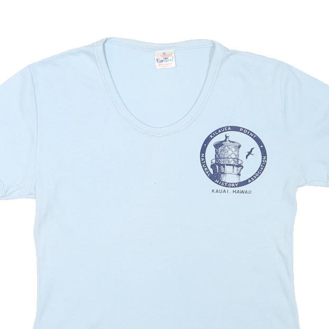 FUNTEES Womens Blue Graphic T-Shirt L Short Sleeve V-Neck Kauai Hawaii Design