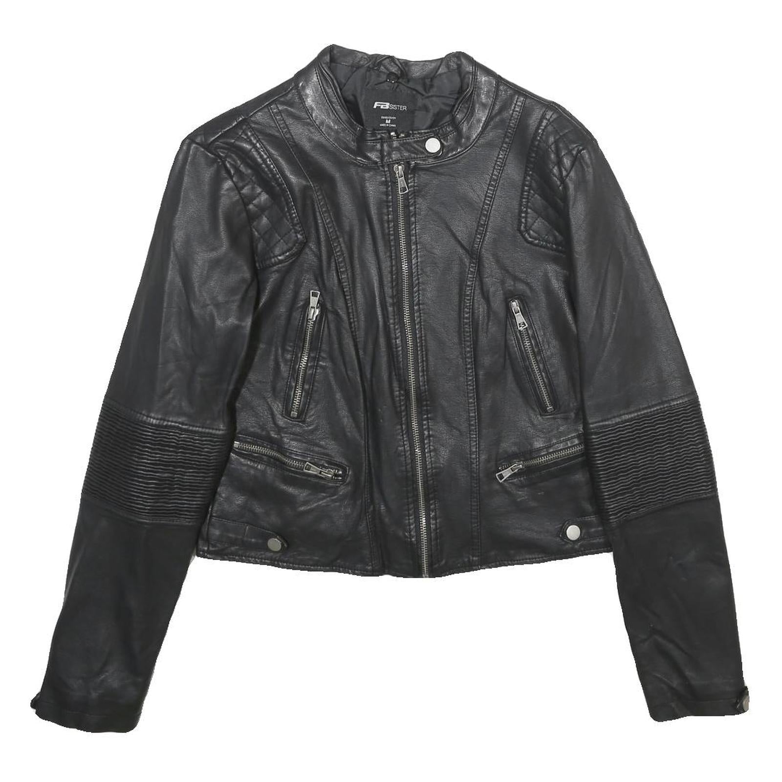 FB SISTER Womens Black Faux Leather Biker Jacket M Woven Zipped Pockets