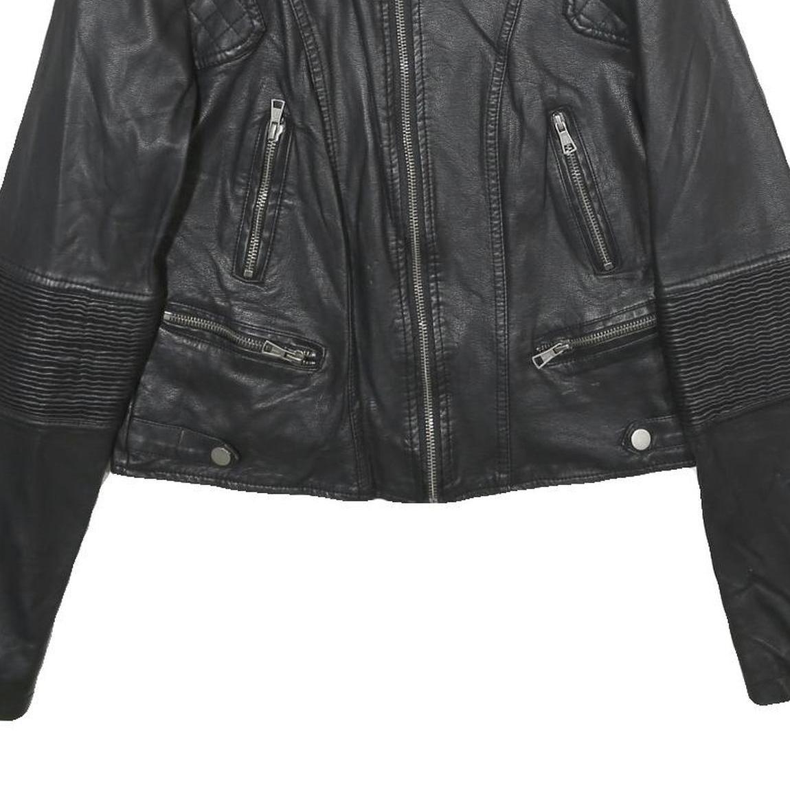 FB SISTER Womens Black Faux Leather Biker Jacket M Woven Zipped Pockets