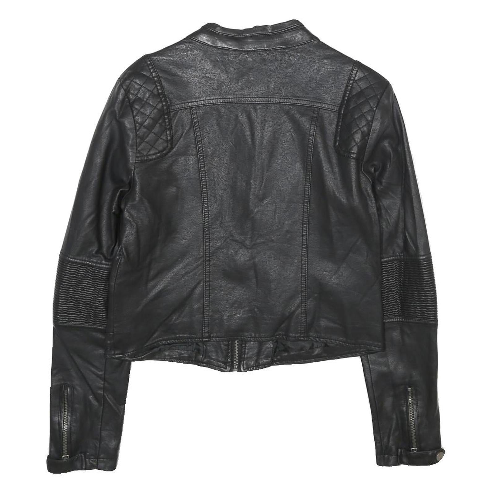 FB SISTER Womens Black Faux Leather Biker Jacket M Woven Zipped Pockets