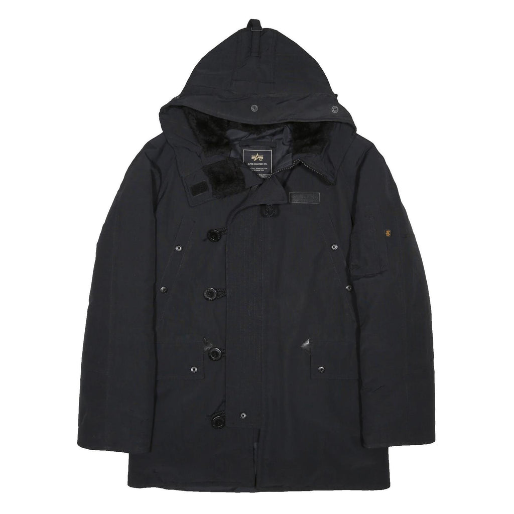 ALPHA INDUSTRIES Mens Black Jacket XS PVC Plain Zip Hooded Classic Fit Cold