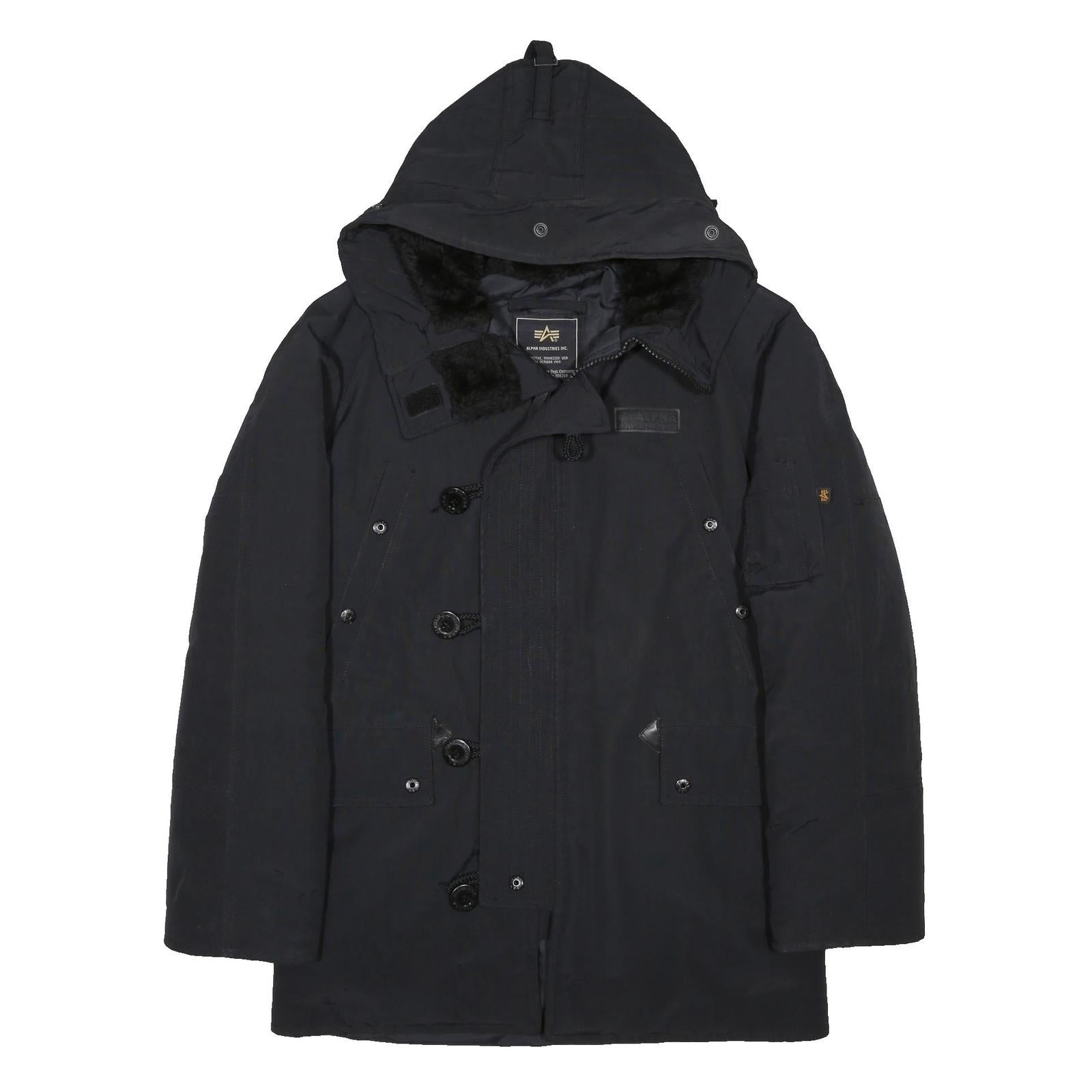 ALPHA INDUSTRIES Mens Black Jacket XS PVC Plain Zip Hooded Classic Fit Cold