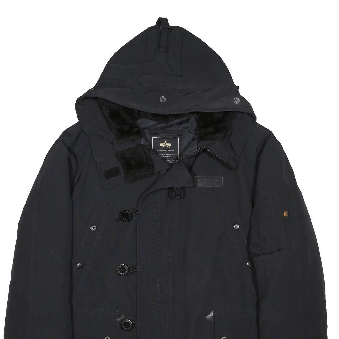 ALPHA INDUSTRIES Mens Black Jacket XS PVC Plain Zip Hooded Classic Fit Cold