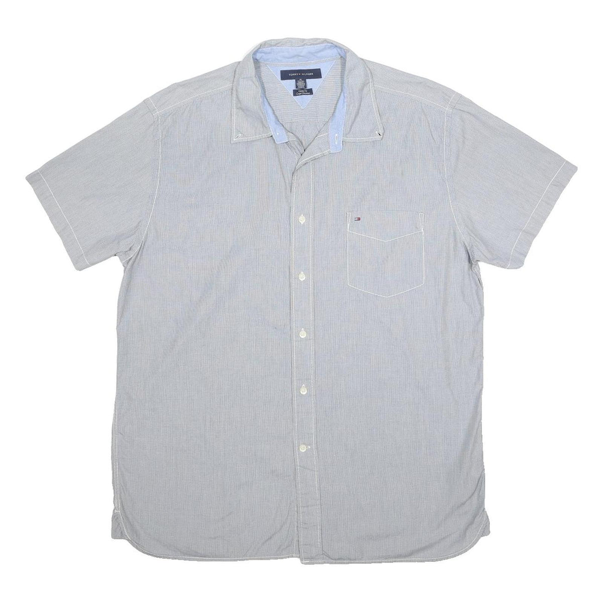 TOMMY HILFIGER Mens Blue & White Shirt XL Button Cotton Short Sleeve Casual