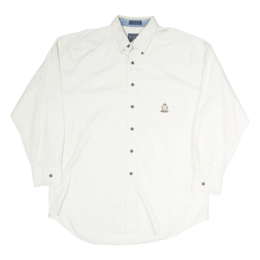 CHAPS Mens White Button-Down Shirt L Embroidered Crest Casual Cotton