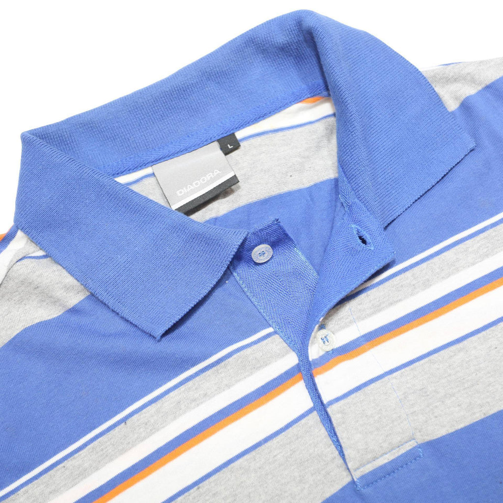 DIADORA Mens Blue & Grey Striped Short Sleeve Polo Shirt L Cotton Blend Summer