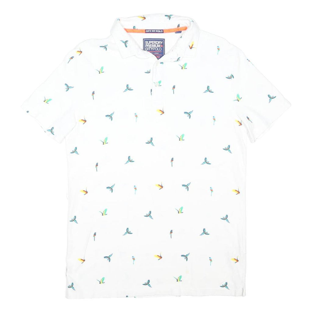 SUPERDRY Mens White Polo Shirt L Cotton Blend Flying Birds Print Short Sleeve
