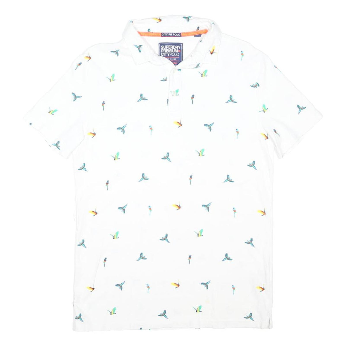 SUPERDRY Mens White Polo Shirt L Cotton Blend Flying Birds Print Short Sleeve