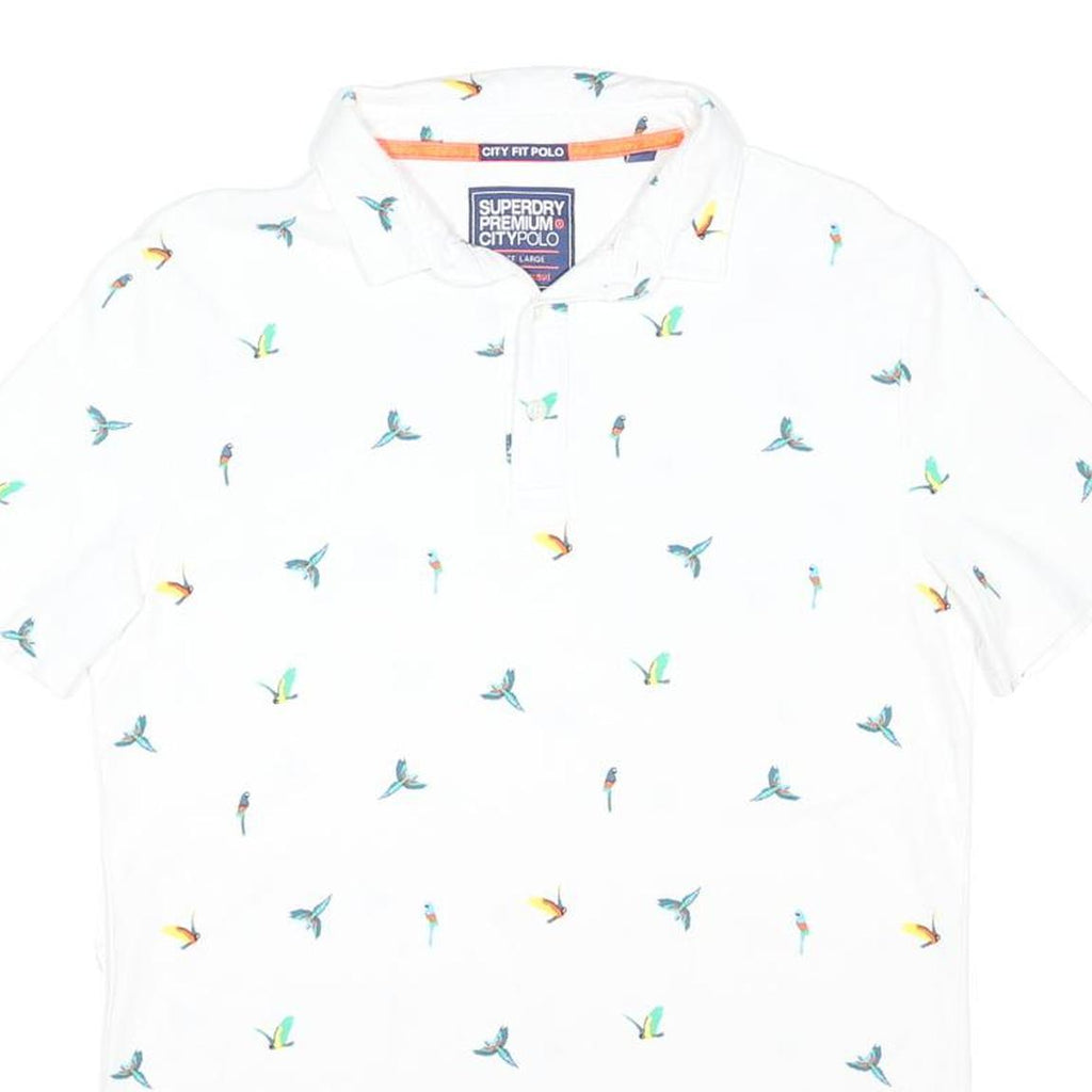 SUPERDRY Mens White Polo Shirt L Cotton Blend Flying Birds Print Short Sleeve