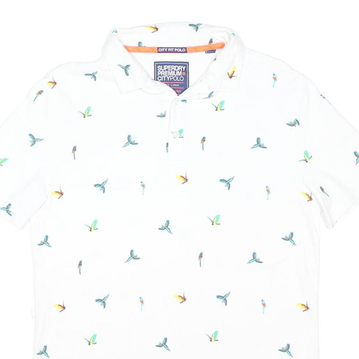 SUPERDRY Mens White Polo Shirt L Cotton Blend Flying Birds Print Short Sleeve