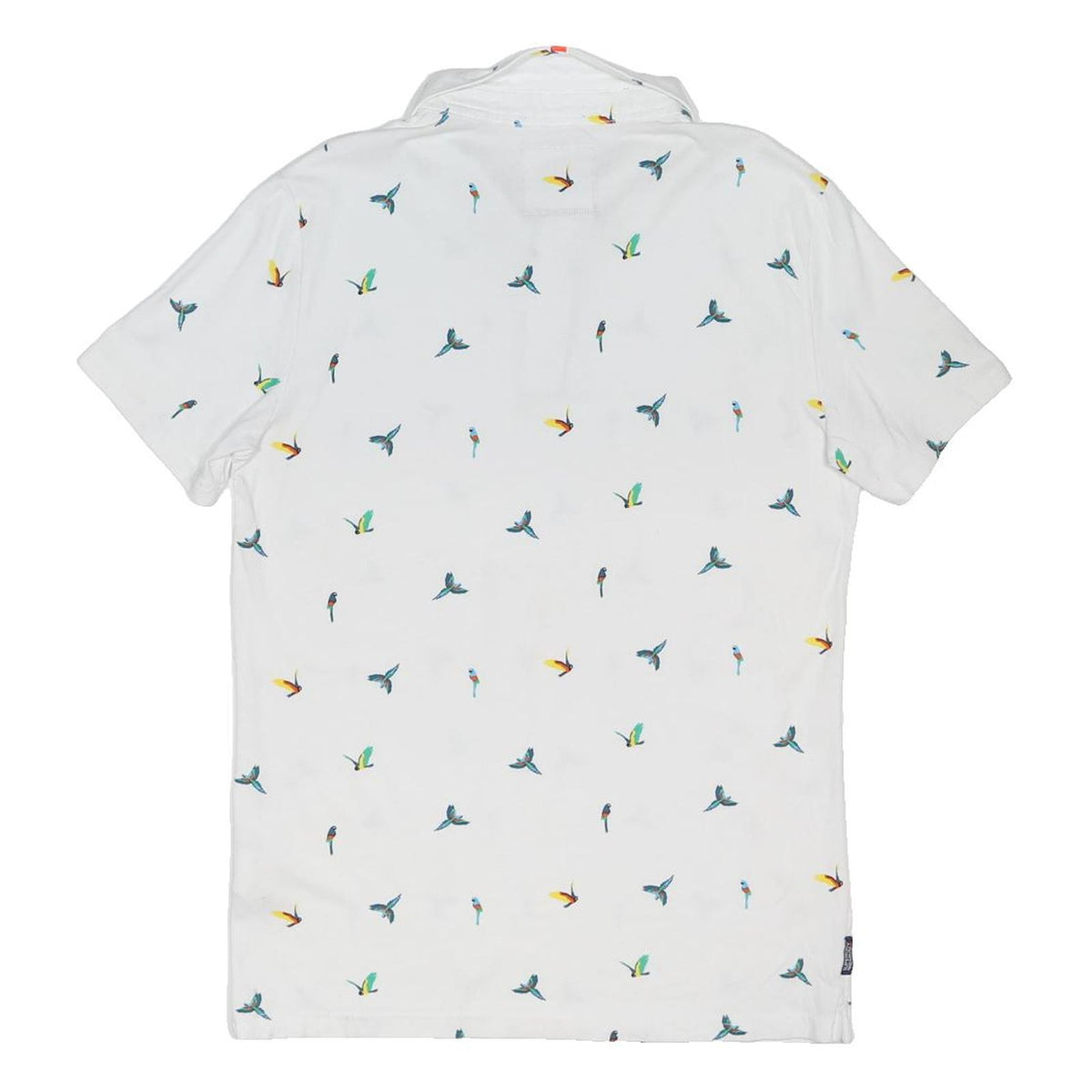 SUPERDRY Mens White Polo Shirt L Cotton Blend Flying Birds Print Short Sleeve