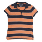 TOMMY HILFIGER Mens Navy & Orange Stripe Short Sleeve Polo Shirt L Cotton