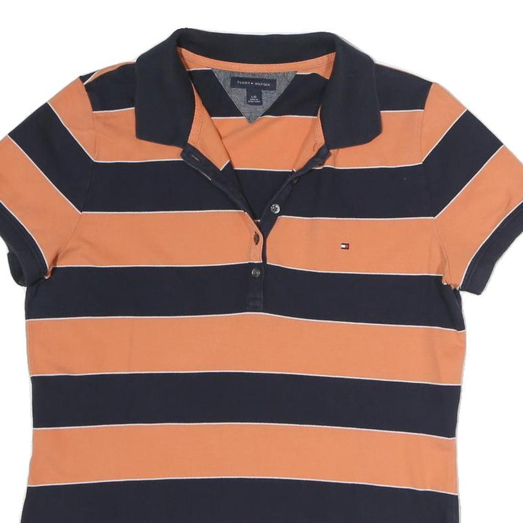 TOMMY HILFIGER Mens Navy & Orange Stripe Short Sleeve Polo Shirt L Cotton