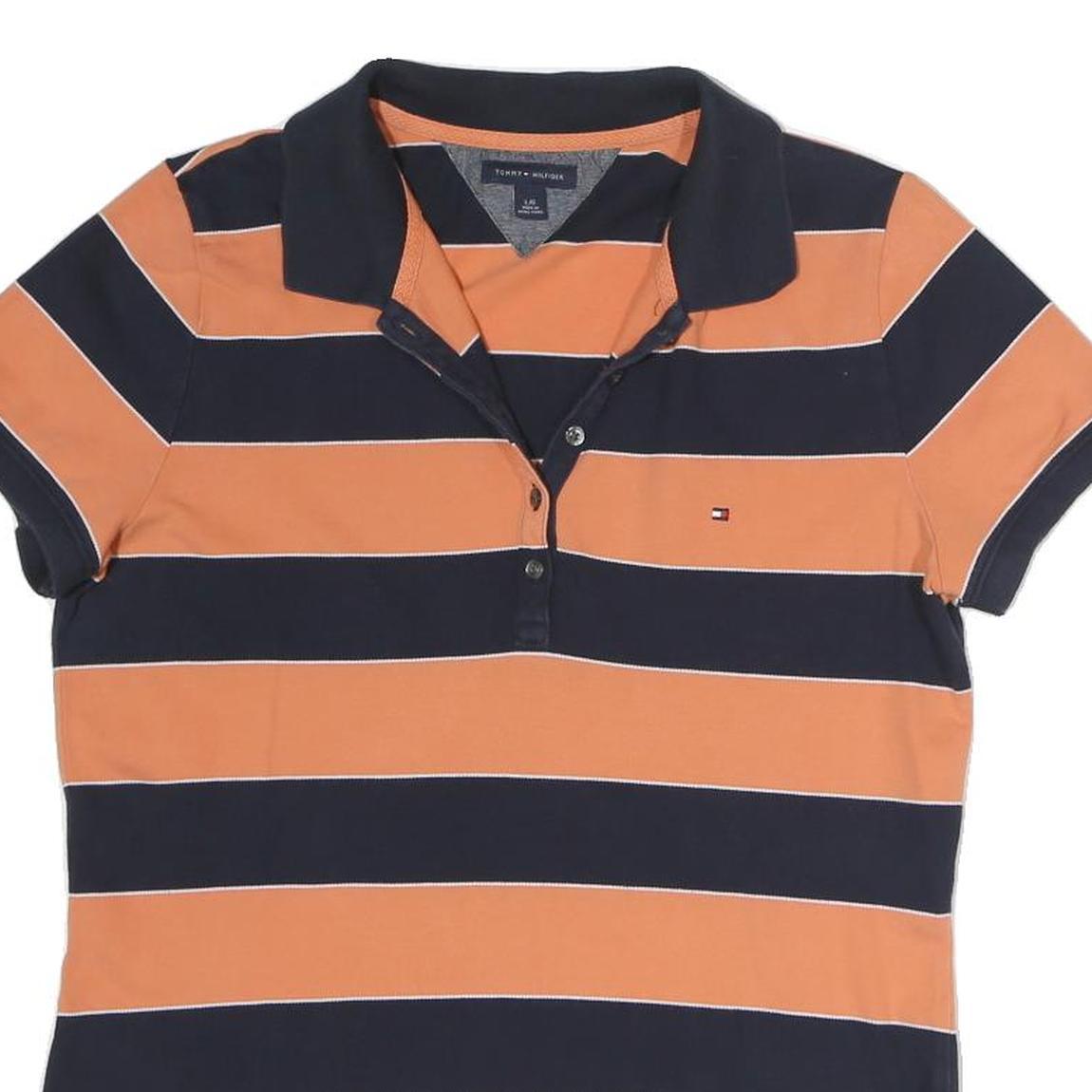 TOMMY HILFIGER Mens Navy & Orange Stripe Short Sleeve Polo Shirt L Cotton