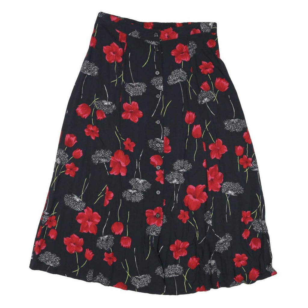 SAG HARBOR Womens Black & Red Floral Rayon Midi Button Skirt L Comfortable