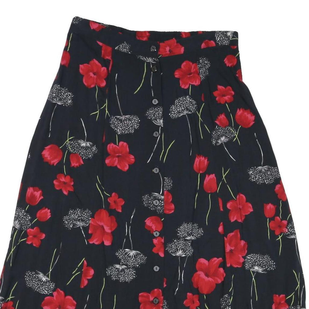 SAG HARBOR Womens Black & Red Floral Rayon Midi Button Skirt L Comfortable