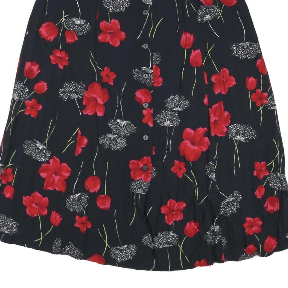 SAG HARBOR Womens Black & Red Floral Rayon Midi Button Skirt L Comfortable