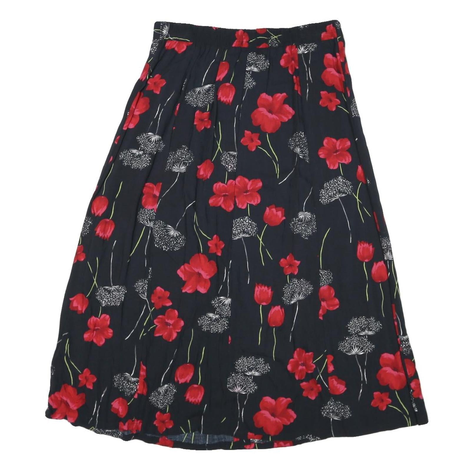 SAG HARBOR Womens Black & Red Floral Rayon Midi Button Skirt L Comfortable