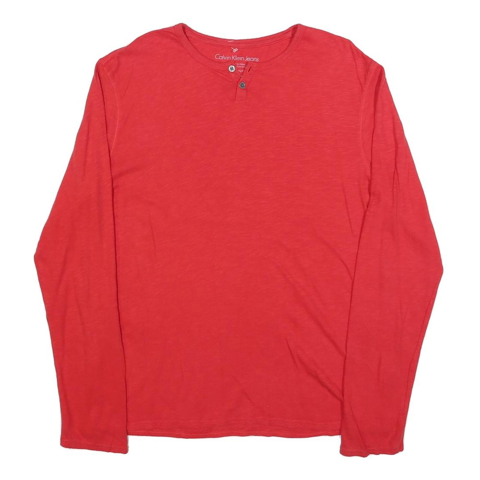 CALVIN KLEIN JEANS Mens Red Long Sleeve Henley Neck T-Shirt L Cotton Blend