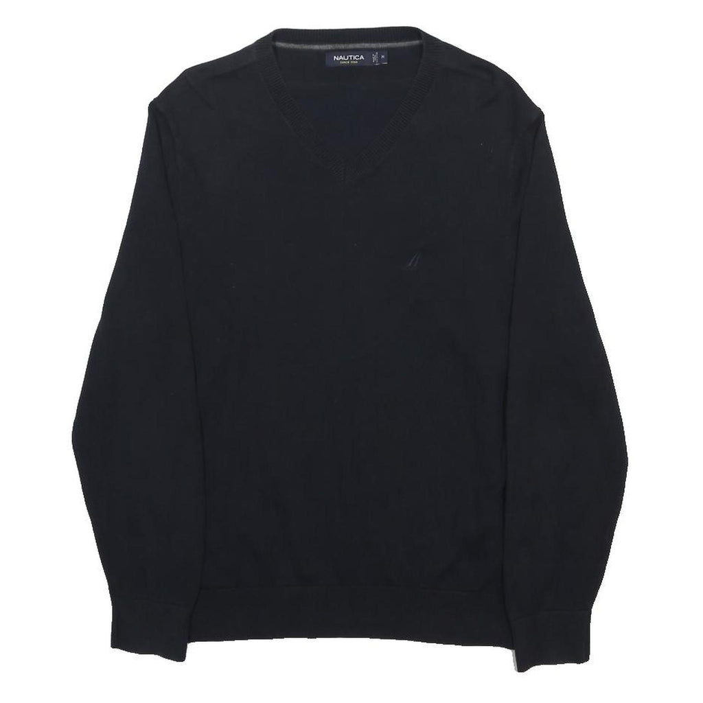 NAUTICA Mens Black Plain V-Neck Basic Knit Jumper M Cotton Comfortable Casual