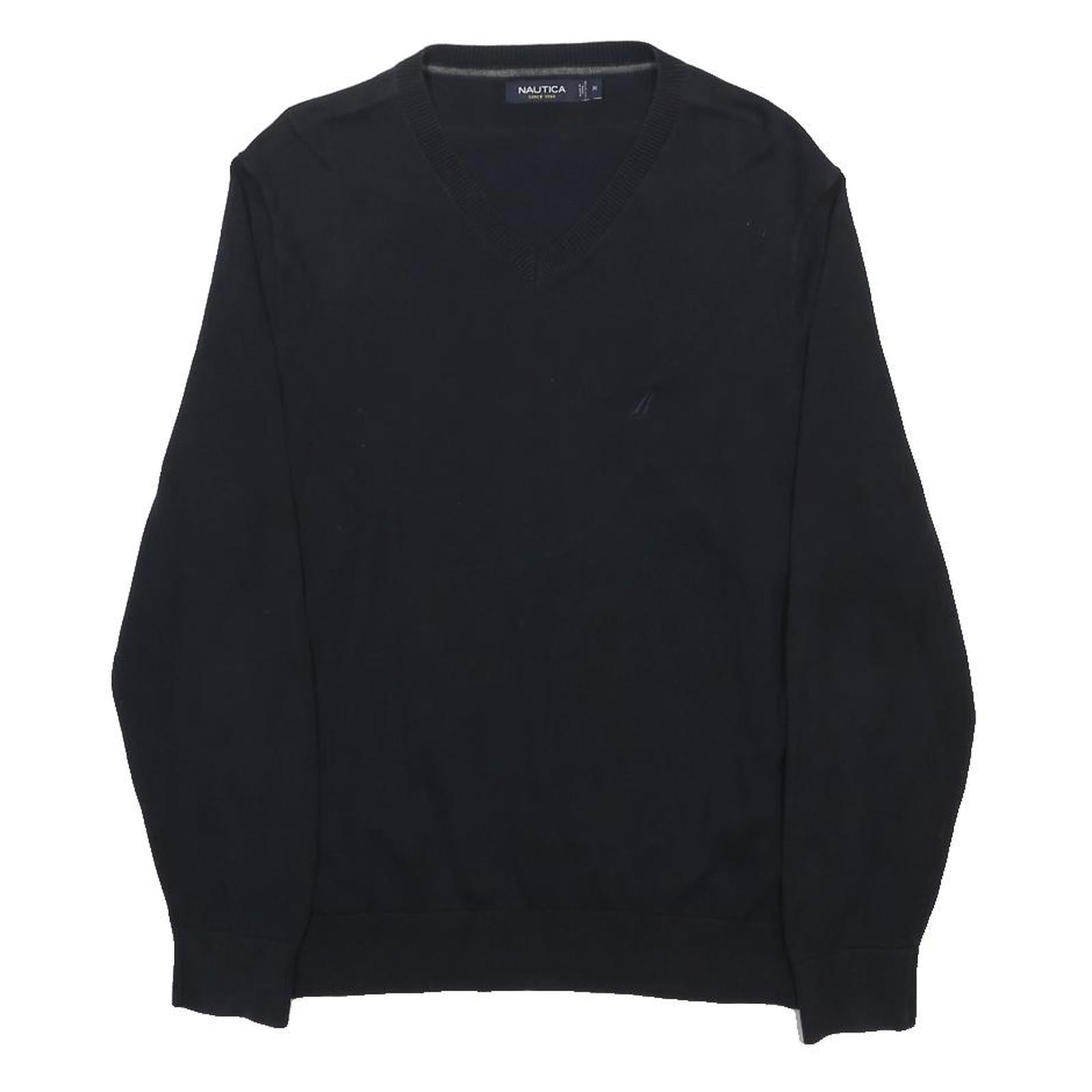NAUTICA Mens Black Plain V-Neck Basic Knit Jumper M Cotton Comfortable Casual